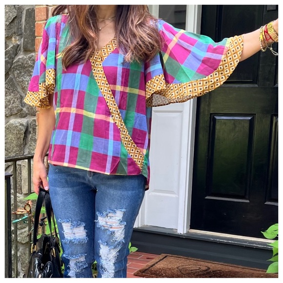 21 Boho Blue Green Purple Plaid with Gold Trim Crossover Top - Picture 8 of 10